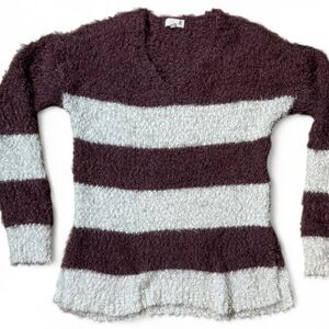 SO Women's Fuzzy Sweater - Maroon & Cream Wide Stripes, Size Small